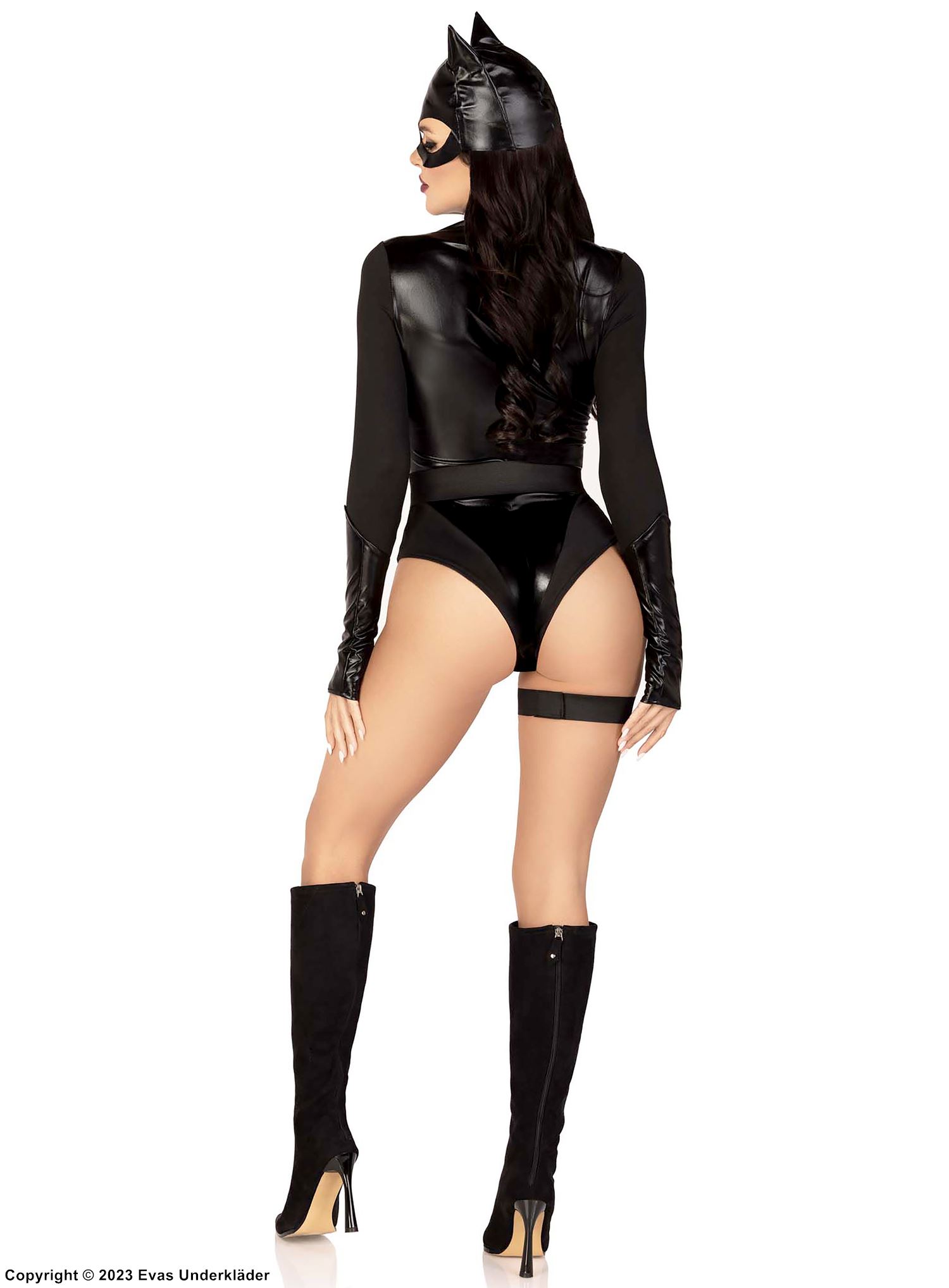 Catwoman, kostyme-body, wet-look, lange ermer, glidelås på forsiden